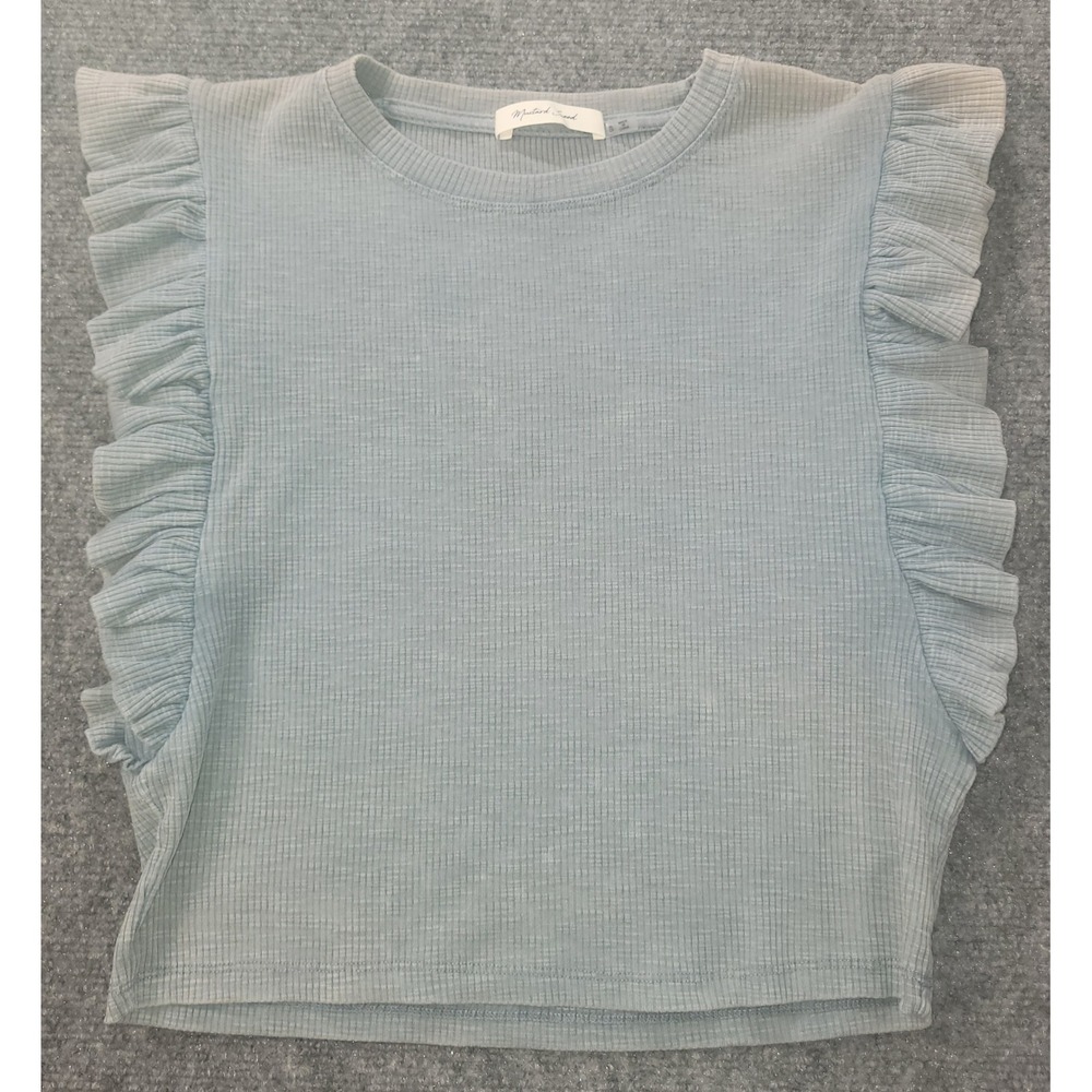 Mustard Seed Light Blue Ribbed Ruffle Trim Sleeveless Crew Neck Top Small